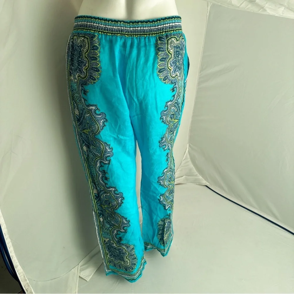Hale Bob turquoise multicolor boho elastic waist linen pants - Picture 4 of 15